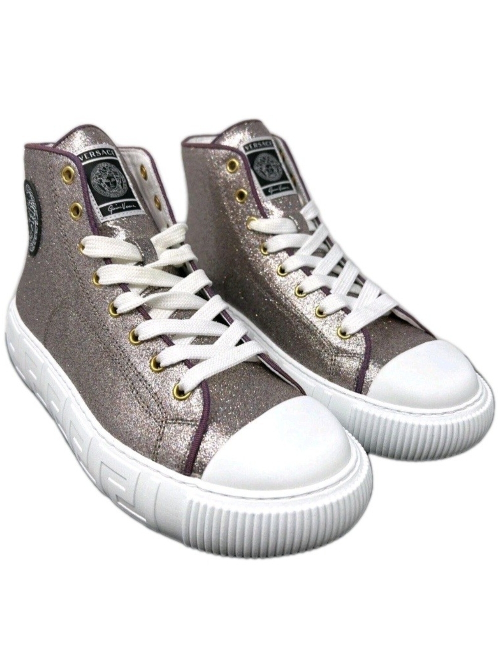 Versace Greca HighTop Plum Gold Glitter Sneakers Women's EU 39 / US Size 8.5 - Picture 1 of 10